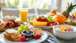 A table set for a healthy breakfast, with details of the fresh fruit, the whole grains, and the vibrant colors.