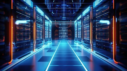Poster - A long hallway filled with rows of servers. Ideal for technology concepts