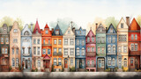 Fototapeta Fototapeta uliczki - In the watercolor illustration, a historic neighborhood is portrayed with colorful facades, narrow streets, and architectural details from bygone eras.