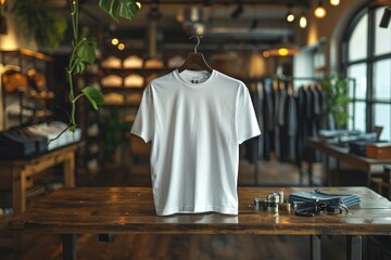 Wall Mural - A white t shirt is displayed on a table with a notebook and a potted plant