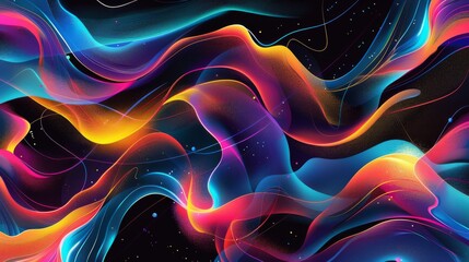 Wall Mural - Modern abstract art composition with fluid shapes and lines on a black background with rainbow gradients.