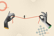 Man walking on a rope and human hand in retro collage vector illustration