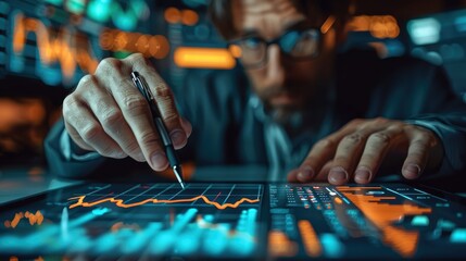 Poster - Businessman analyzing stock market graph data with financial graph. Generative AI.