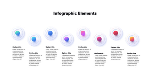 Wall Mural - Business process chart infographics with 8 step spheres. Round workflow graphic elements. Company flowchart presentation slide. Vector info graphic design