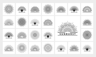 Wall Mural - Hand drawn cards of Sun, sunburst, light rays in line art. Bohemian symbol bursting sun rays. Magic vintage collection, antique style, boho, tattoo, emblem, logo. Vector set illustration on white