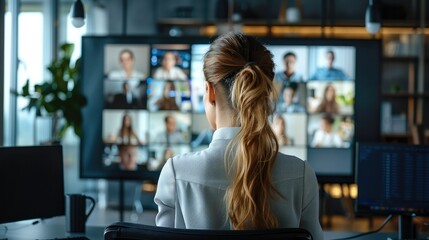 Poster - Businesswoman calling colleagues of the company via video link. Generative AI.