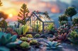 A hyper-realistic miniature glasshouse surrounded by a meticulously detailed succulent garden under the soft glow of sunset, creating a tranquil and inviting atmosphere.