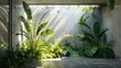 The lighting in the room matches natural light to bring out the texture of the concrete wall and the lush greenery of the tropical plants.