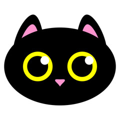 Wall Mural - Cartoon black cat with yellow eyes. Cute kitten flat icon. Cat face. Vector illustration isolated on white background.