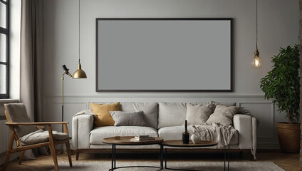 Wall Mural - Frame mockup, ISO A paper size. Living room wall poster mockup, Interior mockup with house background