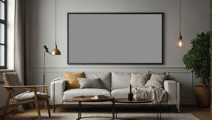 Poster - Frame mockup, ISO A paper size. Living room wall poster mockup, Interior mockup with house background