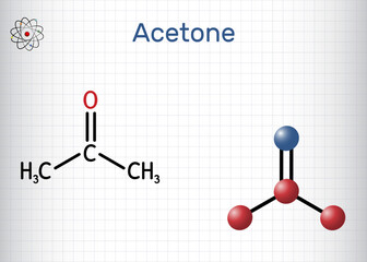 Poster - Acetone ketone molecule. It is organic solvent. Structural chemical formula and molecule model. Sheet of paper in a cage