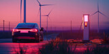 Fototapeta Uliczki - Electric Car at Charging Station at Dusk Amidst Wind Turbines - A Future Mobility Concept