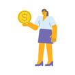 Businesswoman holding coin with dollar sign and smiling