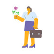 Businesswoman holding flower and holding suitcase