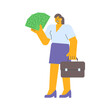 Businesswoman holding five bills and holding suitcase
