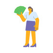 Businesswoman holding five bills and smiling