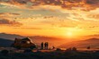 Two friends stand near a van and take photos of the sunset over the mountains during their vacation