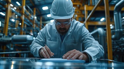 Poster - An engineer doing calculations on a metal frame to test it for strength, the frame should be in the center of a room. Generative AI.