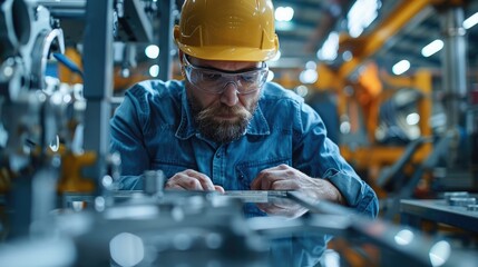 Poster - An engineer doing calculations on a metal frame to test it for strength, the frame should be in the center of a room. Generative AI.