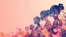An Illustration Of Silhouettes Representing Women's Health And Beauty, Soft Pink Background With Flowers And Butterflies. Natural Wellness For Mother's Day.