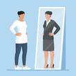 Woman looking at the mirror and seeing herself as a successful businesswoman