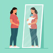 Pregnant woman looking in a mirror and seeing herself with her baby