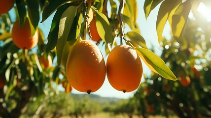 Wall Mural - Golden Treasures Amidst Nature's Canopy: A Pair of Ripe Mangoes Dangle, Their Luscious Hue Illuminated by Sunlight, Offering a Taste of Bounty Within the Verdant Embrace of the Forest.






