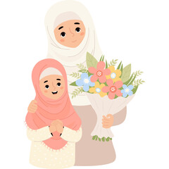 Wall Mural - Muslim woman with daughter with bouquet