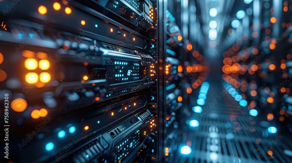 In a bustling data center, fiber optic cables and high-tech equipment ...