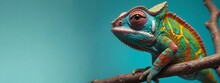 Colorful Colored Chameleon On Brunch, Lizard Close Up With Big Eye, On A Solid Color Background, Banner With Space For Copy, Flowers, Panorama Background
