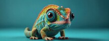 Colorful Colored Chameleon, Lizard Close Up With Big Eye, On A Solid Color Background, Banner With Space For Copy, Panorama Background
