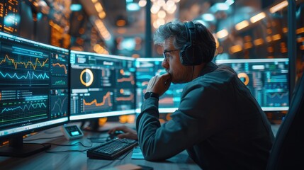 Poster - Cybersecurity analyst sitting at a desk in front of a computer. The monitors display data visualizations and dashboards related to digital asset inventories, risk assessments. Generative AI.
