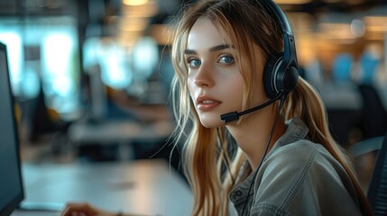 Wall Mural - Dedicated woman call center worker with headset on working on computer. Generative AI.