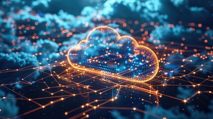 Aufkleber - Data transfer cloud computing technology. There is a large prominent cloud icon in the center with internal connections. and small icon on abstract world map polygon. Generative AI.