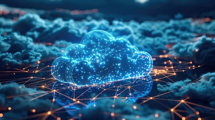 Aufkleber - Data transfer cloud computing technology. There is a large prominent cloud icon in the center with internal connections. and small icon on abstract world map polygon. Generative AI.