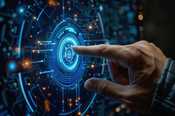 Poster - Businessman use forefinger touching security button on virtual screens, internet technology, artificial intelligence and networking concept, blue sci-fi tone. Generative AI.