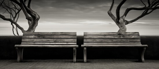 Wooden bench structure in a monochrome photo between two benches face-to-face