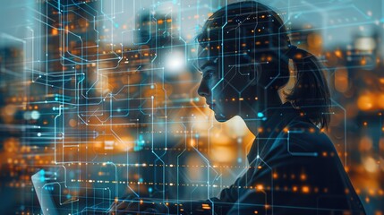 Aufkleber - Engineer works with future construction and startup with technology and data to solve. Generative AI.