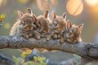 Hare Baby group of animals hanging out on a branch, cute, smiling, adorable