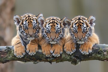 Canvas Print - Tiger Baby group of animals hanging out on a branch, cute, smiling, adorable