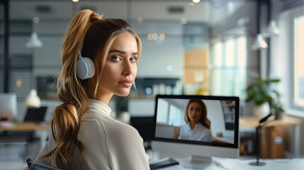 Poster - Female it recruiter is interviewing a candidate via a web call. Generative AI.