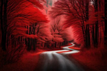 Wall Mural - curved road through a red forest