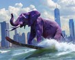 Purple elephant water skiing, city river, sunny day, action shot, vibrant, unique hyper-realistic illustrations