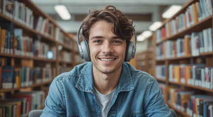 Young caucasian student with wireless headphones studying in library and smiling. Happy man spending his time in university or school.