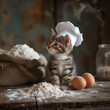 Cat is a cook in a chef's hat cooks in kitchen from eggs and flour