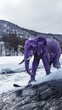 Majestic purple elephant skiing, capitals main river, clear sky, dynamic, Hyper realistic