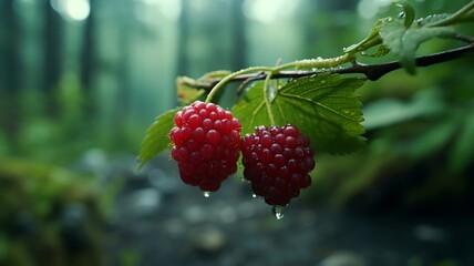 Poster - Bountiful Harvest: Juicy Raspberries Glistening on the Bough, Awaiting the Gentle Touch of Harvest, Nature's Bounty Captured in the Ripeness of Summertime Splendor.







