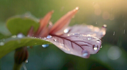 Amidst the gentle patter of rain, delicate flowers glisten with rainwater droplets, each one a miniature magnifying glass, capturing the essence of nature's beauty in its crystal-clear embrace, creati