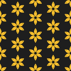 Wall Mural - Yellow dotted flowers on black background. Vector seamless pattern. Best for textile, wallpapers, wrapping paper, package and your design.